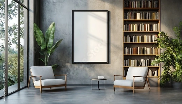 Fototapeta Modern reading room mockup with armchairs, bookshelves, and an empty black frame on the wall, sunlit interior in a minimalist style, perfect for design inspiration and cozy seating
