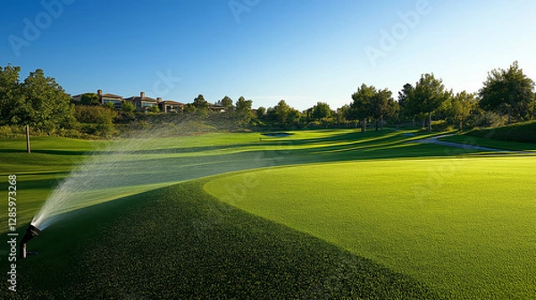 Fototapeta golf course with meticulously planned sprinkler system waters lush green fairway under clear blue sky, surrounded by trees and distant clubhouse