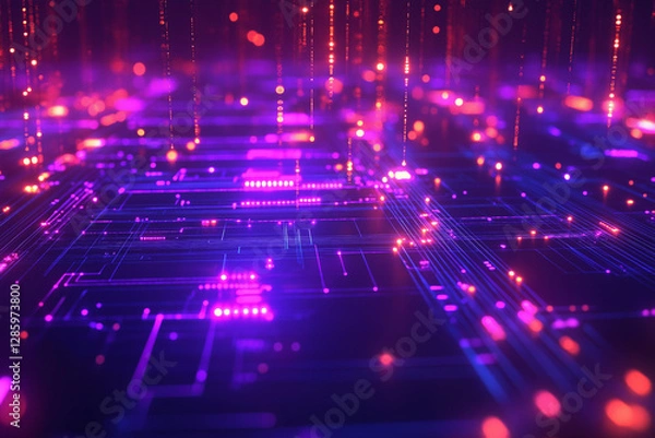 Fototapeta Futuristic Circuit Board with Neon Lights - Cyberpunk Technology Background
