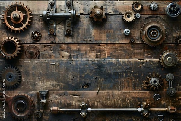 Fototapeta Vintage mechanical gears and tools arranged on a rustic wooden surface, showcasing craftsmanship