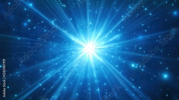 Fototapeta Abstract blue star technology background like light rays from cosmic explosion, representing data transfer speed in digital network or internet connection.
