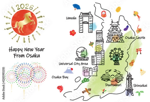 Fototapeta 大阪の観光地のイラストマップ年賀状2026年