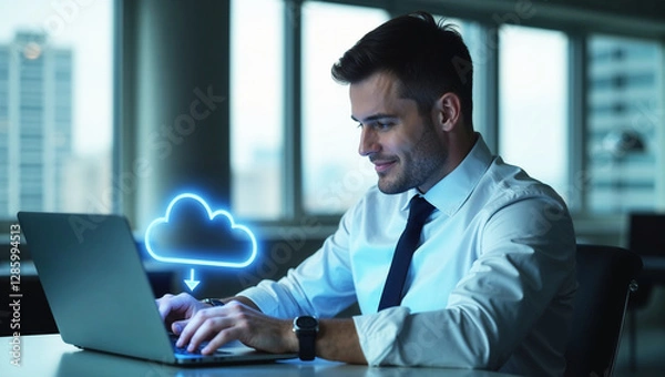 Obraz Businessman is downloading data from cloud computing storage service using laptop in office