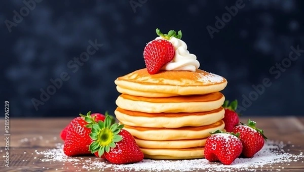 Fototapeta Pancake. Crepes With Berries. Pancakes stack .Home-made pancakes decorated with berries