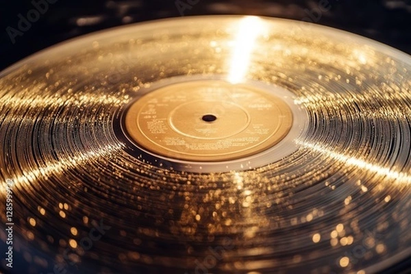 Fototapeta shimmering gold vinyl record floating in space with intricate grooves catching light creating a nostalgic disco atmosphere