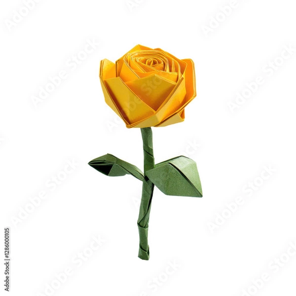 Fototapeta Yellow origami rose with green stem and folded leaves, crafted with sharp creases. The paper flower has a delicate, artistic appearance. Isolated on transparent background, png.