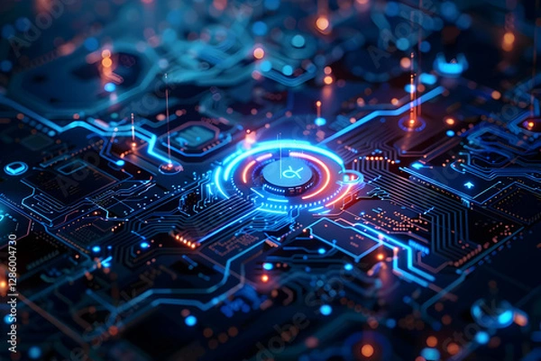 Fototapeta Abstract digital circuit board with glowing elements, showcasing technology and innovation