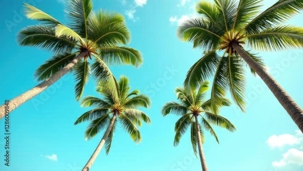 Fototapeta Palm trees reach towards a bright blue sky with scattered clouds from a low angle.
Concept of: Tropical paradise.