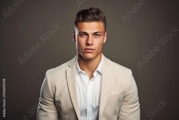 Obraz A man in a white shirt and tan jacket is standing in front of a wall