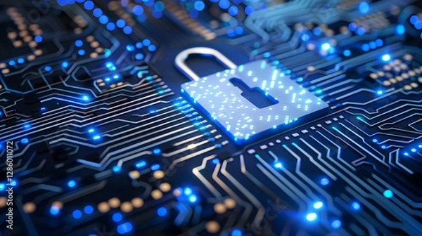 Fototapeta Digital security concept with a glowing padlock on a circuit board background, symbolizing protection