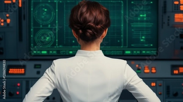 Fototapeta Woman in White Suit Analyzing Data on Futuristic Control Panel Display