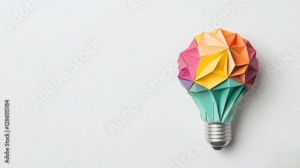 Fototapeta A colorful origami light bulb design, symbolizing creativity and innovation, set against a minimalist background.