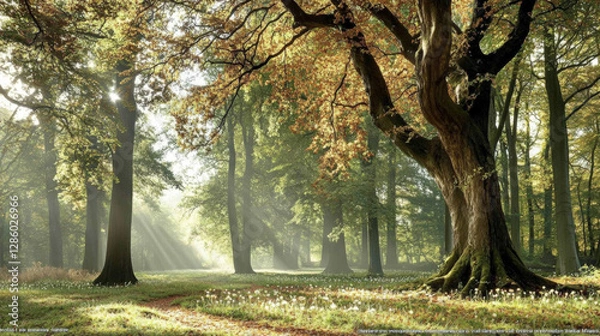 Fototapeta A realistic, nature background showcasing a dense forest with towering trees, dappled sunlight filtering through the leaves, and a carpet of wildflowers, capturing the essence of untouched natural 14