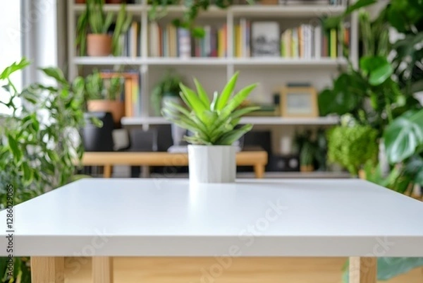 Obraz Bright white rectangular wooden table with overhead lighting and blurred office background featuring desk, bookshelves, and plants
