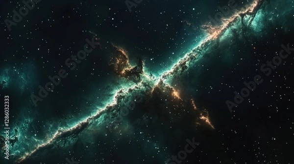 Fototapeta A deep-space rift fractures a nebula, stretching its glowing tendrils into surreal interstellar waves