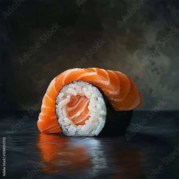 Fototapeta Sushi maki with fresh salmon and crab on dark background with sesame seeds and glossy rice