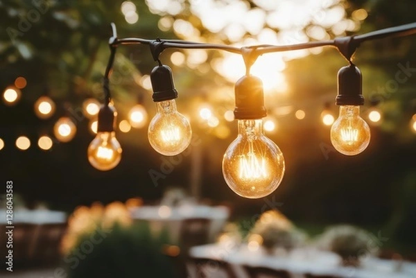 Fototapeta vintagestyle edison bulbs strung across a garden reception space creating a warm golden glow over elegant table settings and dancing couples in soft focus