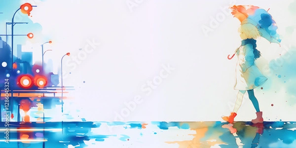 Obraz 傘をさして雨を凌ぐ少女、水彩画、イラスト、背景、バナー素材、挿絵、