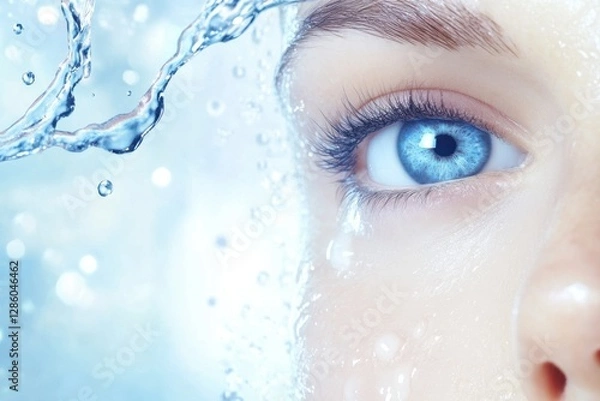 Fototapeta Captivating close-up of a blue eye surrounded by splashes of refreshing water in a serene and tranquil environment. Generative AI