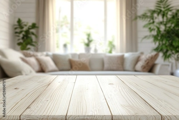 Obraz Bright white rectangular wooden table with soft lighting and blurred living room background featuring seating and pillows
