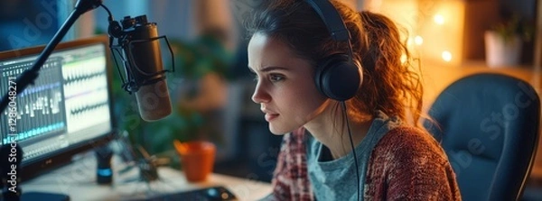 Fototapeta Sound Recording: A focused woman with headphones engrossed in sound editing software, captures the essence of audio creation in a cozy home studio setting.