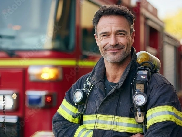 Fototapeta Courageous Protector: A firefighter stands with pride, his smile reflecting unwavering dedication, with a fire engine subtly visible in the background.