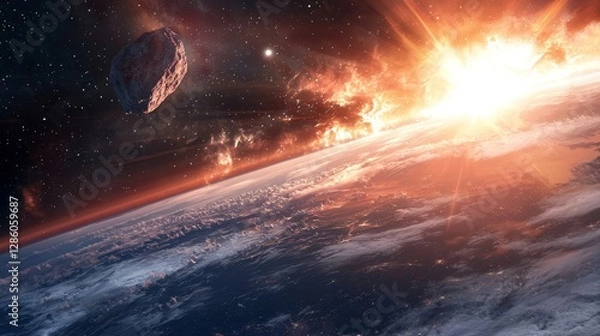 Fototapeta Celestial Cataclysm: A dramatic view of Earth from space, with a meteor hurtling towards the planet, and an explosion illuminating the atmosphere.