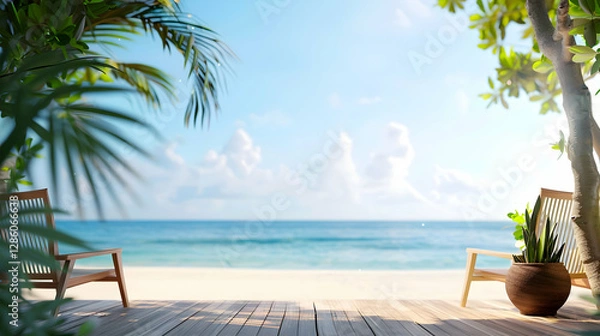 Fototapeta Serene beach view with wooden deck, tropical plants, and ocean waves under a clear sky
