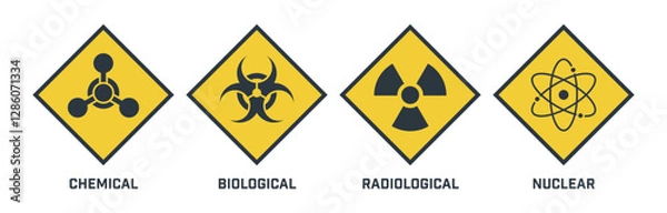 Obraz Chemical, biological, radioactive and nuclear icons. CBRN defense signs. Warfare symbols for military corps. Set of yellow diamond warning pictograms isolated on a white background.