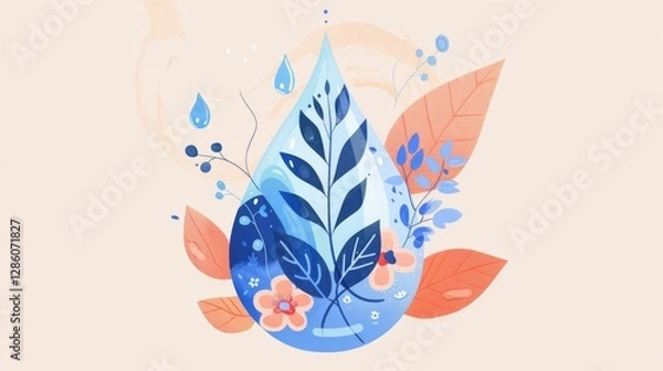 Fototapeta Abstract floral composition with water drop shape and botanical elements in coral and blue colors