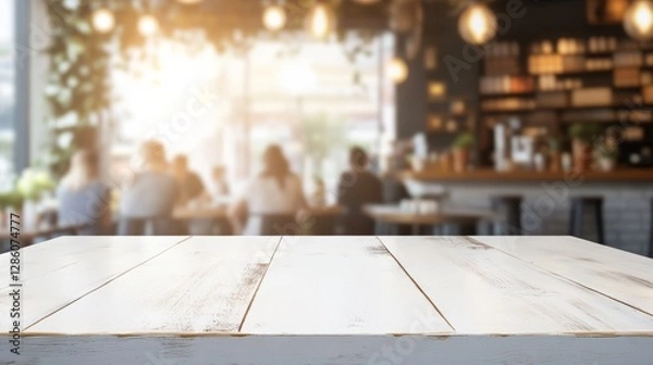 Fototapeta Sleek white rectangular wooden table with even lighting and blurred trendy cafe background featuring customers and coffee cups

