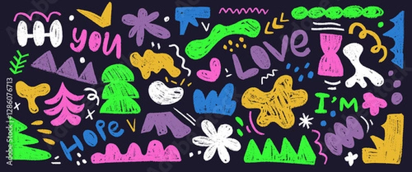 Fototapeta Neon funky set of scratching style collage elements. Hand drawn charcoal doodle, geometric figures, naive lines. Pencil shapes of sribbles, squiggles, calligraphy text are isolated on black backdrop.