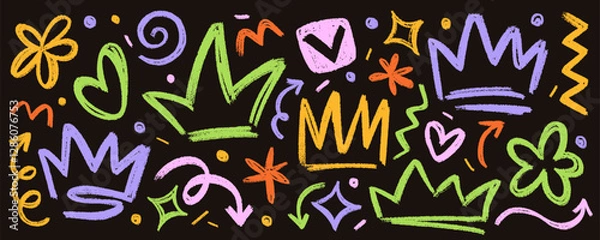 Fototapeta Neon funky set of scratching style collage elements. Hand drawn charcoal crowns, doodle, arrows, flowers, stars, dots. Pencil shapes of sribbles, squiggles are isolated on black backdrop.