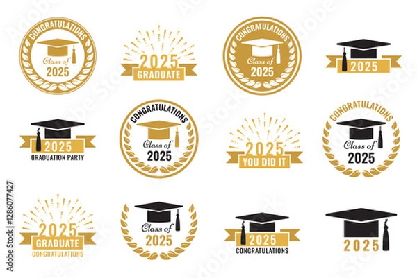 Fototapeta Graduation party logo design. Class of 2025 with graduation academic cap. Graduation symbols. Vector illustration. 