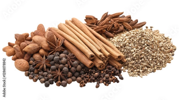 Fototapeta Diverse assortment of spices arranged on a white background showcasing unique textures and colors for culinary inspiration