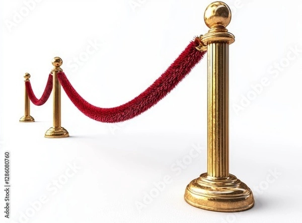 Obraz Golden barrier with red rope isolated on a white background. Clipping path included
