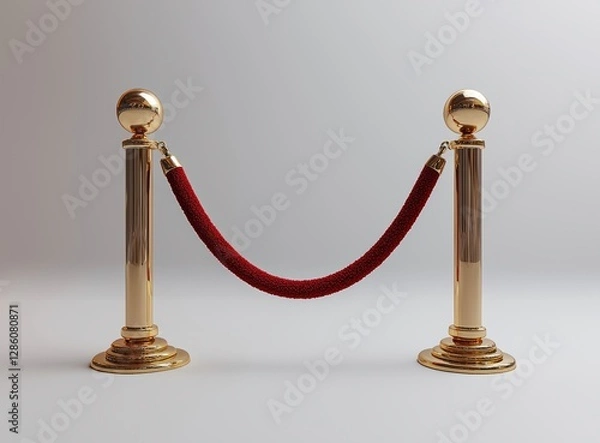 Obraz A golden barrier adorned with a red rope, placed against a white backdrop, with a clipping path applied