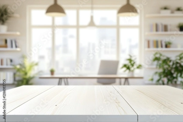 Obraz Bright white rectangular wooden table with overhead lighting and blurred office background featuring desk, bookshelves, and plants
