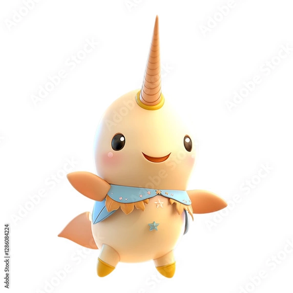 Fototapeta A lively narwhal in cute attire showing a playful expression on a transparent background.