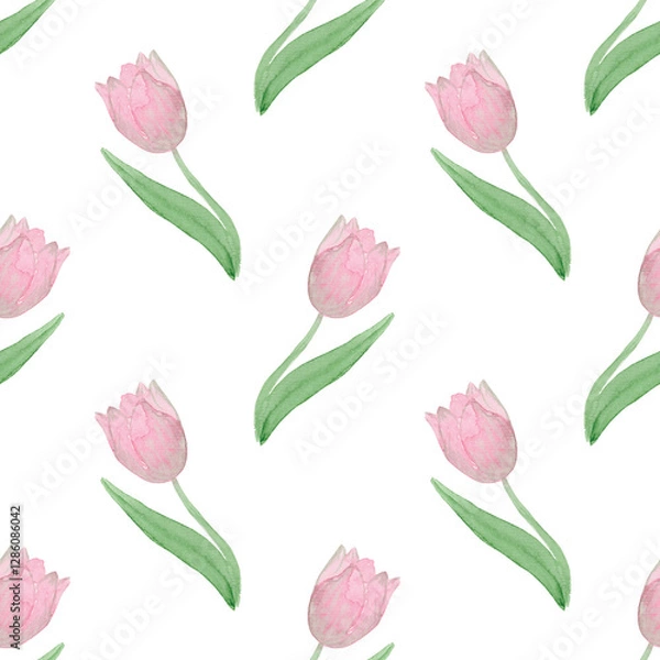 Obraz Pink Tulips Seamless Pattern, Watercolor Floral Print, Spring Garden Botanical Illustration on White