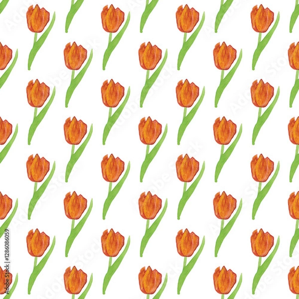 Obraz Red yellow Tulips Seamless Pattern, Watercolor Floral Print, Spring Garden Botanical Illustration on White