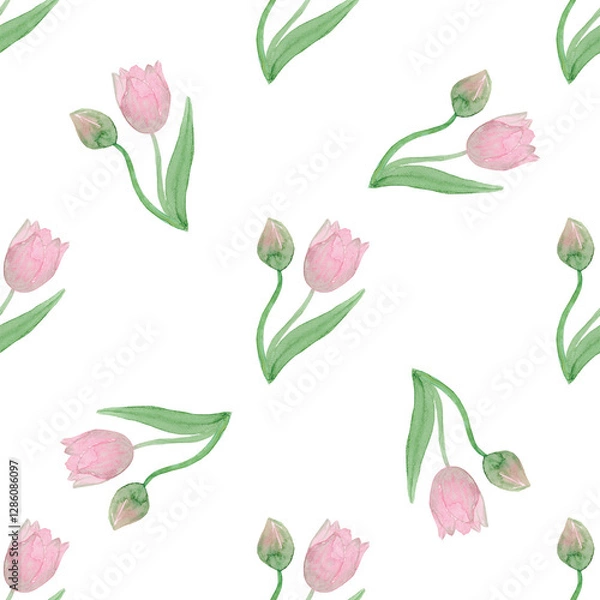 Obraz Pink Tulips Seamless Pattern, Watercolor Floral Print, Spring Garden Botanical Illustration on White