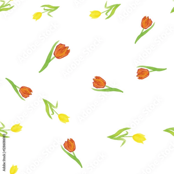 Fototapeta Red yellow Tulips Seamless Pattern, Watercolor Floral Print, Spring Garden Botanical Illustration on White