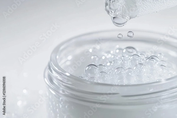 Fototapeta Bubbles cascade from a dropper into a clear glass jar, highlighting the beauty of liquid texture and scientific exploration. Generative AI