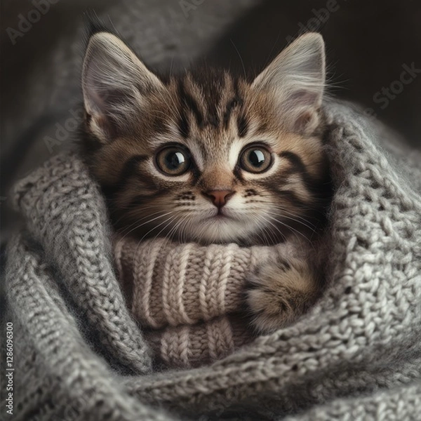 Fototapeta Adorable kitten wrapped in a cozy knitted blanket, peering with curious eyes, warm and snug.