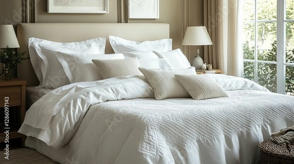Obraz White Quilted Bedspread With Neutral Pillows And Soft Lighting