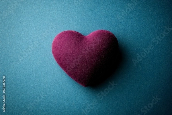 Fototapeta Soft Maroon Heart Shape Cushion on Textured Blue Background