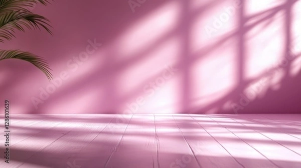 Obraz This minimalist image features a soft pink room illuminated with natural light, complemented by green plants, perfectly blending tranquility and modern elegance.