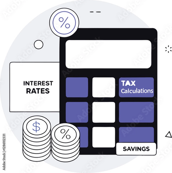 Fototapeta Financial Calculation Concept with Calculator, Gold Coins, and Percentage Symbol Representing Tax, Interest Rates, and Money Management 2.eps