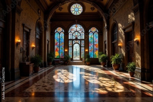 Fototapeta Vibrant stained glass reflections dancing on a polished marble floor grand and artistic illumination in a historic building